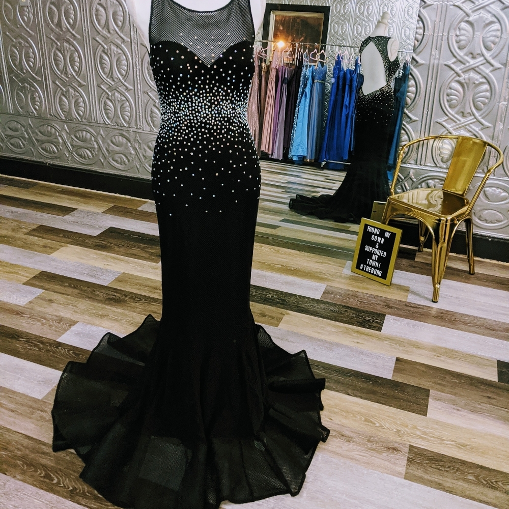 Black Fishnet Mesh Dress w Rhinestones